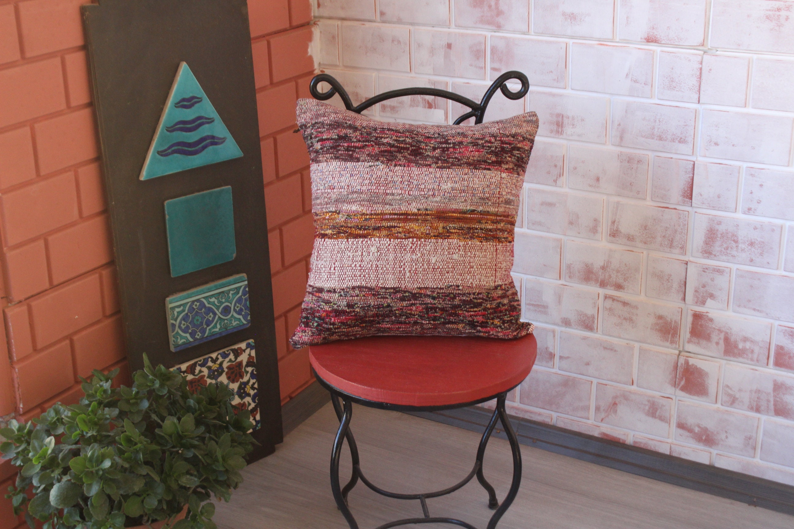 16x16 Ethnic Rag Rug Pillow Vintage Ragrug Pillow Turkish Etsy