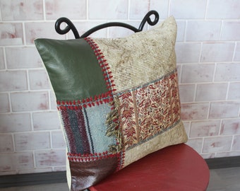 Patchwork Kilim Pillow, Green Leather Pillow , Ethnic Rug  Pillow, Patchwork Kilim Cushion, / P-1506 / 20x20 inch