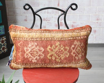 Vintage Rug Pillow, 12x24 Rug Pillow , Ethnic Rug Pillow Cover, Handwoven Rug Pillow / P-2880 / 32x60 cm