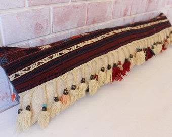 Ethnic Bench  Pillow,  Long kilim pillow, fringed bed pillow, handwoven pillow cover / P- 3569 / 10x44