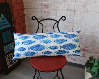 Fish Design Lumbar Pillow, 12x32 Cotton Pillow, Blue Fish Pillow, Bench Cushion Cover , Bed Pillow Cover / P-3110 / 12X32