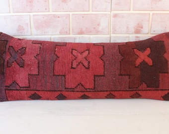 12x30 Ethnic Rug Pillow , Lumbar Rug Pillow, Dark Pink Rug Pillow Cover , Handwoven Rug Pillow Cover / P-4092 / 30x78 cm