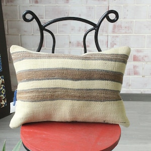 Striped Beige Pillow, Beige Kilim Pillow, Ethnic Kilim Pillow Cover, Bohemian Pillow / P-2762 / 14x20