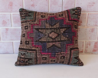 Kilim Pillow Cover, Ethnic Kilim Pillow, Jijim Kilim Pillow, Bohemian wool pillow / P-3624 / 15x15