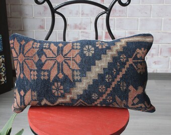 Yagcibedir Rug Pillow, Ethnic  Blue Pillow , Blue Rug Pillow, Handwoven Pillow Cover / P2885 / 12x24