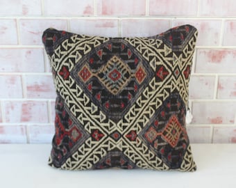 Rug  Pillow Cover , Jijim  Kilim Pillow, 20x20 Rug Pillow, Embroidered Pillow Cover , Bohemian Pillow / P-4374