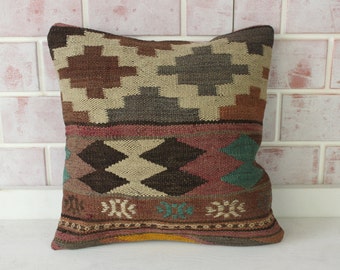 Kilim Pillow Cover, Ethnic Kilim Pillow, 16x16 Pillow, Vintage Kilim Pillow , Bohemian Pillow, Handwoven Aztec Design Pillow / P-4205