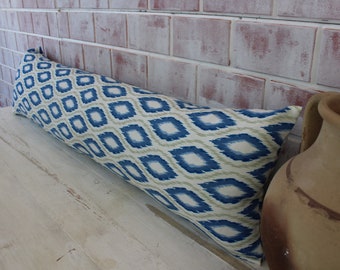 12X44 Blue Lumbar  Pillow, Ikat  Pillow Cover, Ethnic Bed Pillow, Long Decorative Pillow Cover, Blue-White Bed Pillow / P-2626 / 12x45 inch