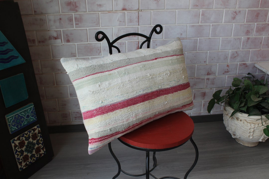 Rag Rug Pillow Cover, Lumbar Rag Rug Cushion Cover, Ethnic Pillow Cover