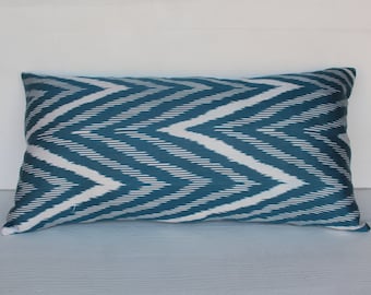 May include: Teal and white patterned throw pillow with a chevron design.