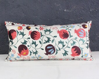 Embroidered Pomegranate Design Pillow,  Suzani Lumbar Pillow, Bohemian Bed Pillow  Cover /  P- 5078 / 14X28