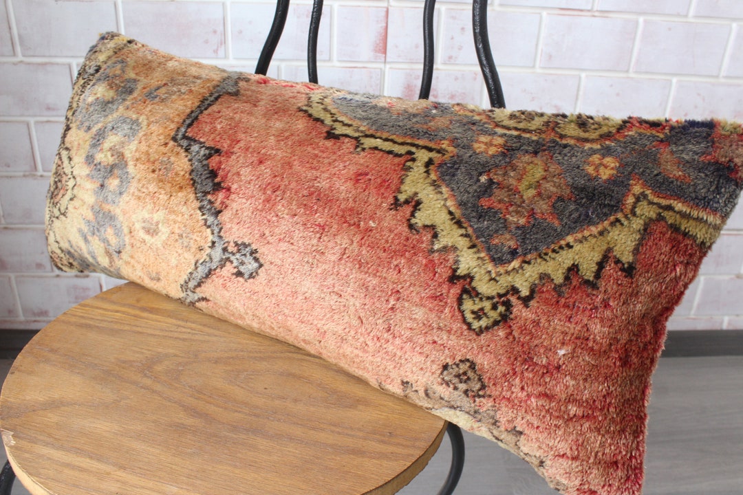 Lumbar Rug Pillow , Handwoven Rug Pillow , Vintage Rug Pillow, Ethnic