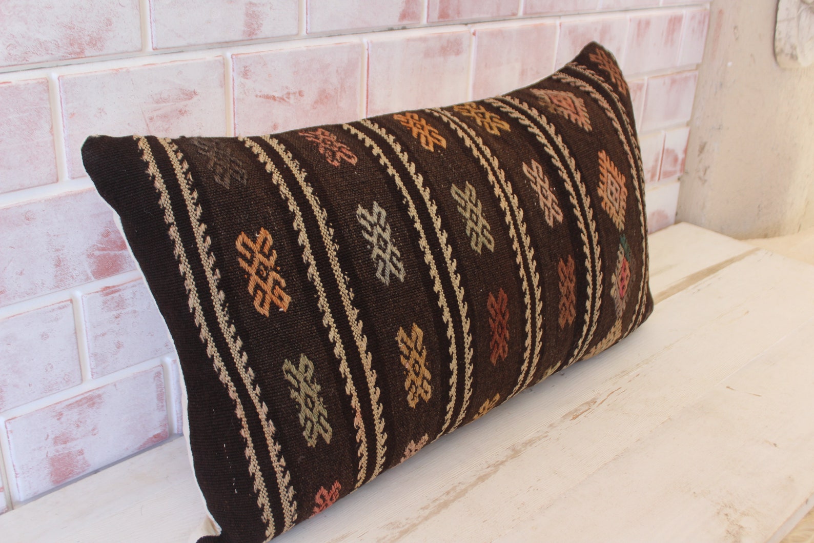 Ethnic Brown Pillow Bohemian Kilim Pillow 16x28 Kilim Etsy