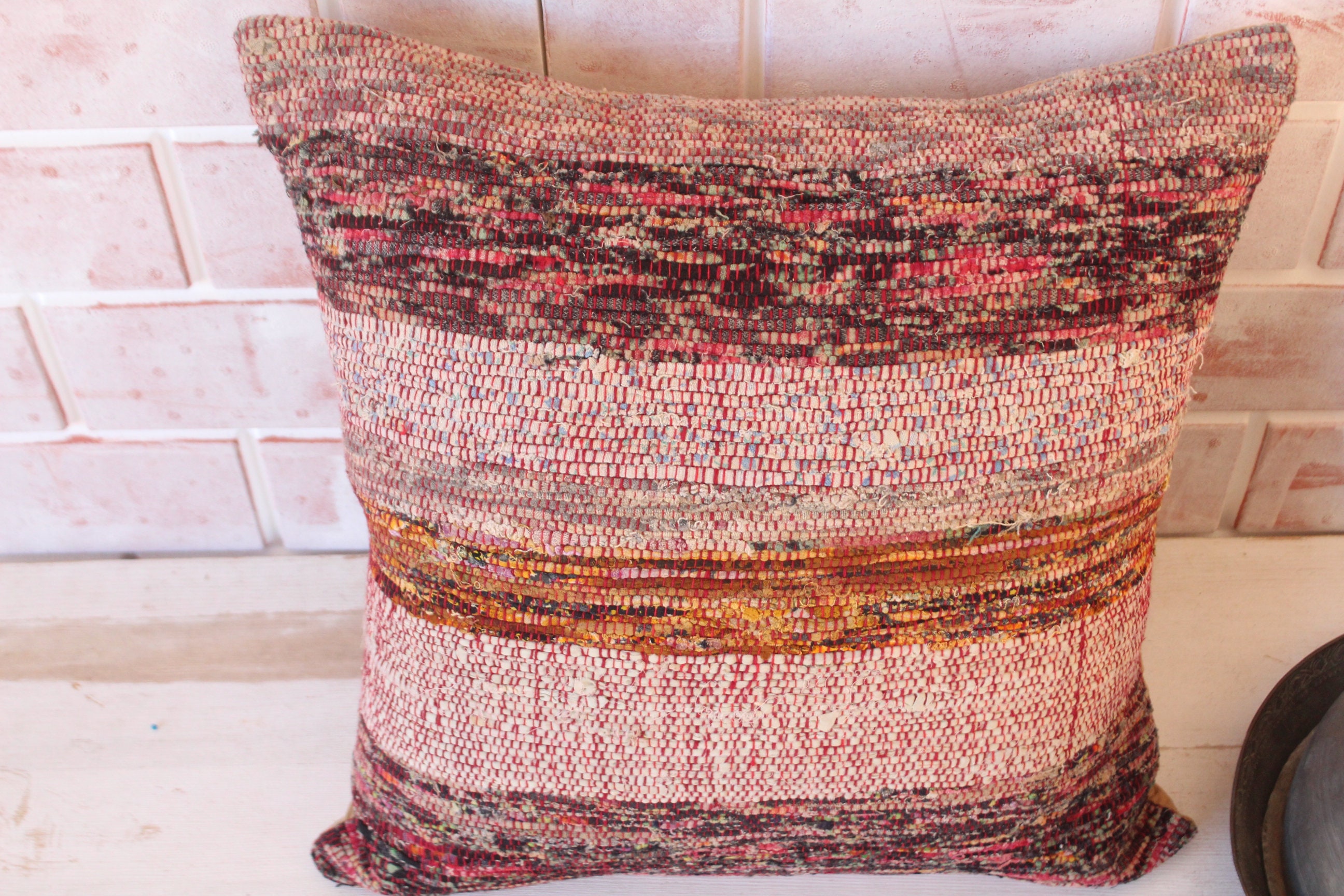 16x16 Ethnic Rag Rug Pillow Vintage Ragrug Pillow Turkish Etsy