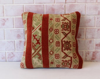 Milas Rug Pillow, Ethnic Rug Pillow, Beige Rug Pillow, Terracotta Wool Pillow,  Bohemian Pillow / P-3537 / 20x20
