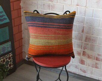 20x20 Kilim Pillow Cover, Ethnic Kilim Pillow, Vintage Kilim Cushion Cover, Decorative Pillow Cover, Striped Kilim Pillow / P-250