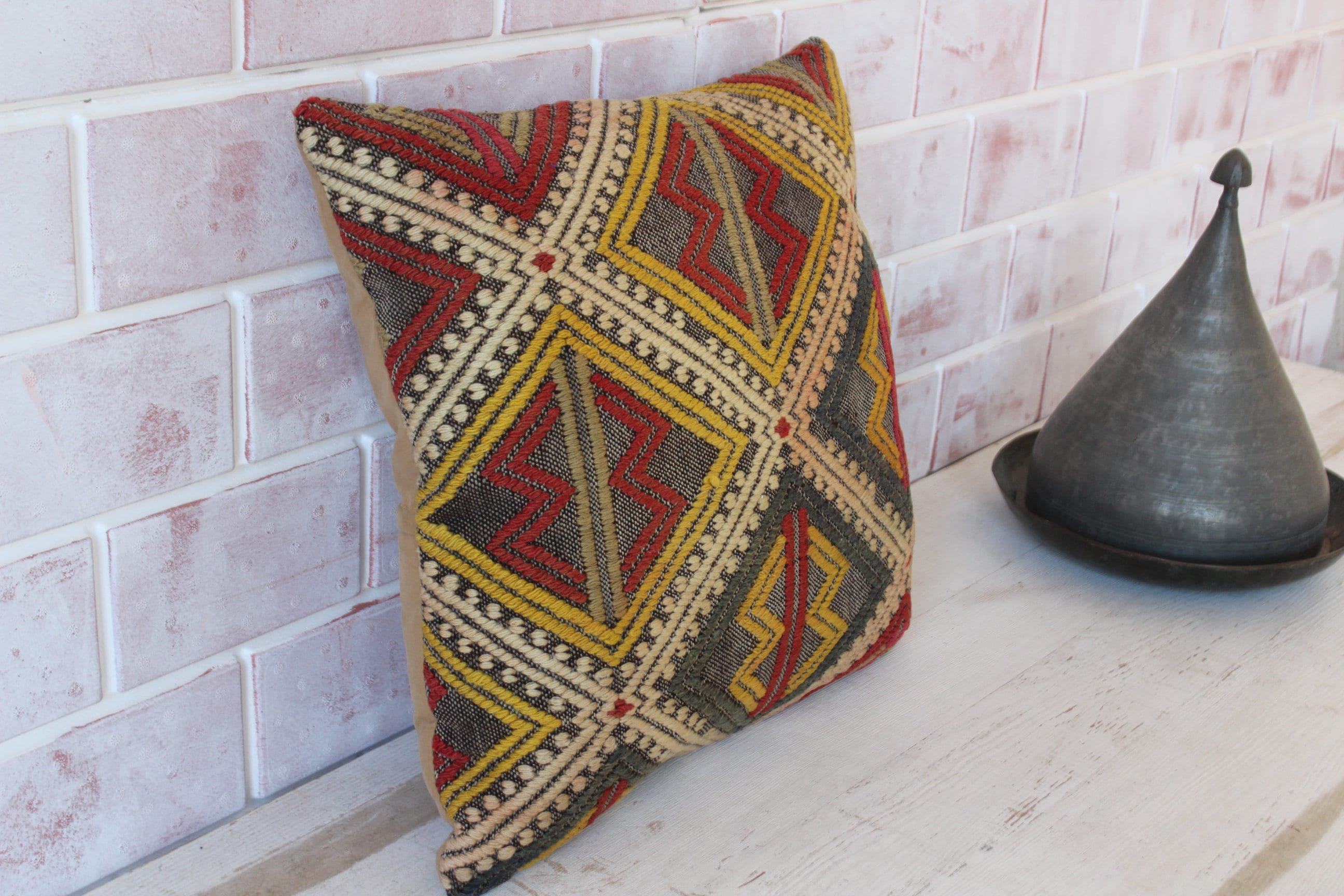 16x16 Embroidered Kilim Pillow Ethnic Kilim Pillow Cover Etsy