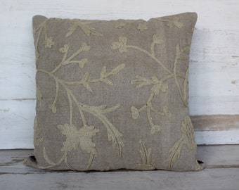 16x16  Beige SUZANI Pillow, Linen SUZANI Pillow, Linen Ethnic Pillow, Bohemian Pillow Cover, Beige LINEN Cushion Cover / p- 813