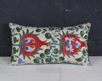 Suzani Lumbar Pillow , Ethnic Lumbar Pillow Cover, Bohemian Bed Pillow, Embroidered Floral Pillow, Floral Suzani Pillow / P-5077 / 14x24