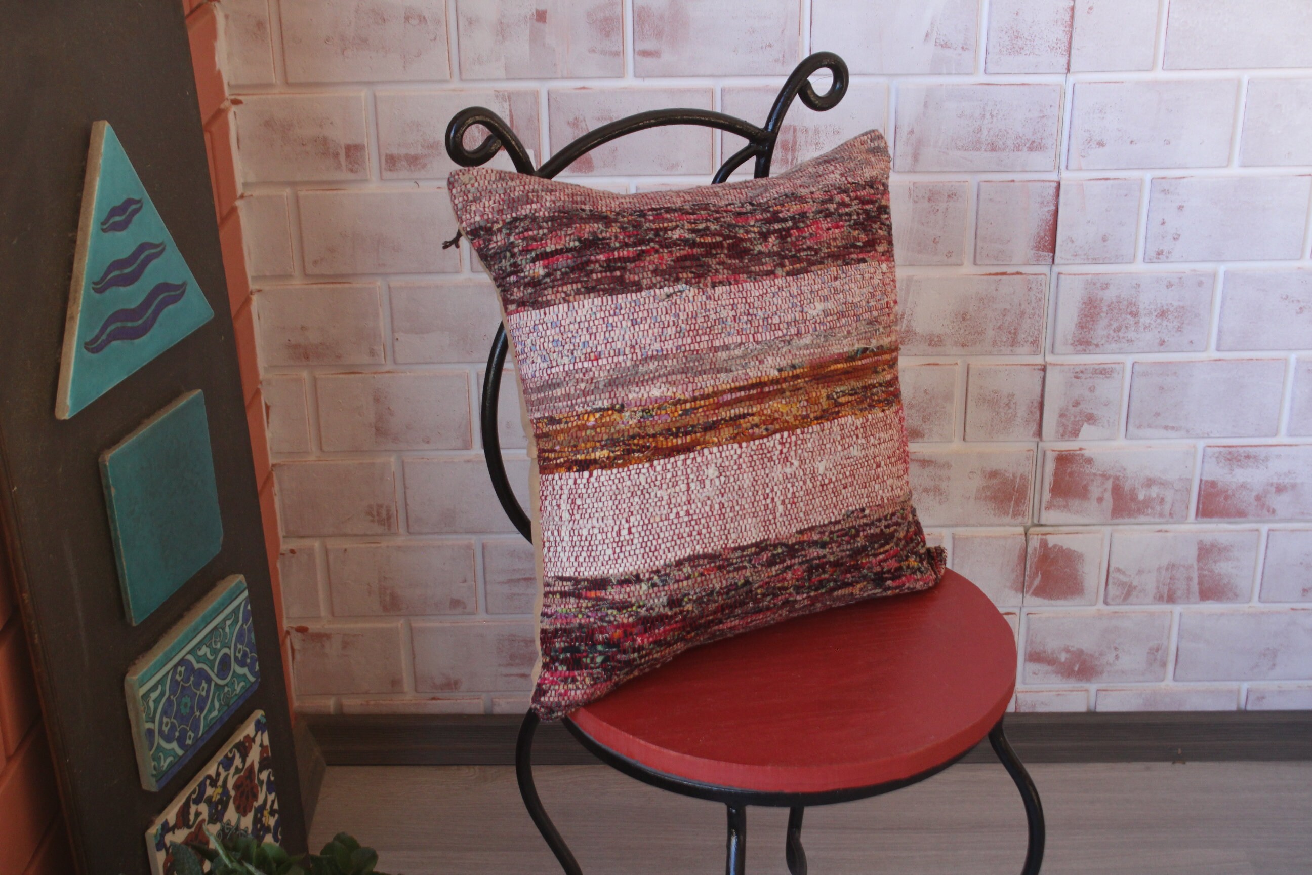 16x16 Ethnic Rag Rug Pillow Vintage Ragrug Pillow Turkish Etsy