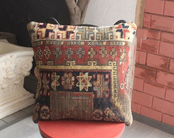 18x18 Teppich Kissen, Shirvan Teppich Kissen, Ethno Teppich Kissen, Boho Teppich Kissen Bezug, Handgewebtes Teppich Kissen / P-4197