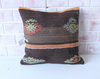 Kilim Pillow Cover, Ethnic Pillow Cover, Bohemian Pillow , Brown Wool Pillow / P-3619 / 18x18