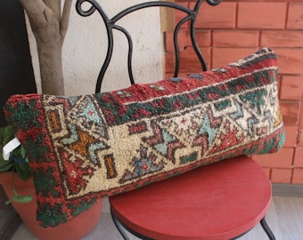 12x26 Rug Pillow , Lumbar Rug Pillow , Ethnic Rug Pillow , Handwoven Lumbar Pillow Cover / P- 4094 / 30X68