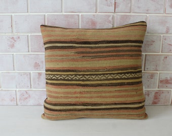 Kilim Pillow Cover, Ethnic Kilim Pillow, Vintage Pillow , Decorative Pillow, Handwoven Pillow, Beige Kilim Pillow / P-3319 / 20X20 inch