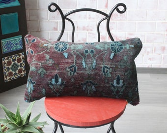 12x24 Blue Rug Pillow, Ethnic Rug Pillow, Rug Cushion Cover, Handwoven, Bohemian, Wool Pillow / P-2872 / 32x60 cm