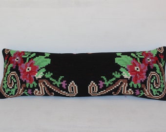 10x34 Floral Kilim Pillow, Ethnic Kilim Pillow Cover, Bohemian Pillow, Vintage Kilim Pillow , Handwoven Pillow, Floral Lumbar Pillow / 3238