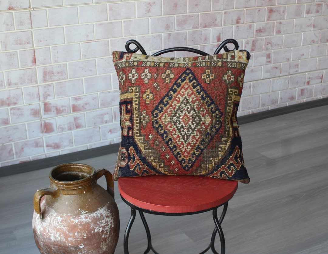 Caucasian Rug Pillow Vintage Rug Pillow, 18x18 Ethnic Wool Pillow ...