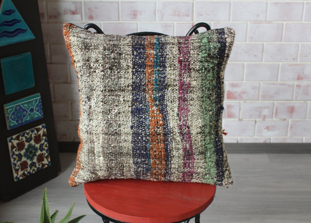 Plaid Cotton Pillow , Ethnic Rag Rug Pillow , Bohemian Pillow ,plaid