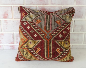 Jijim Kilim Pillow Cover, 16x16 Kilim Pillow , Embroidered Kilim Pillow, Ethnic Rug Pillow Cover / P-3007- 3010