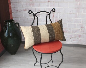 Poszewka na poduszkę z naturalnej wełny, 12x24, poszewka na poduszkę Kilim, etniczna organiczna poduszka wełniana, ręcznie tkana poduszka boho / 30 x 60 cm / P-4260