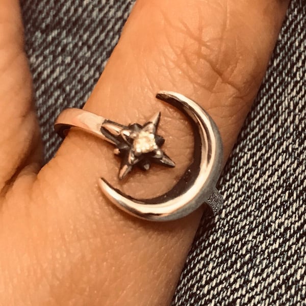 Handmade Sterling Silver Moon Star Ring - Boho Thumb Ring
