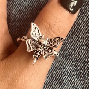 Skull moth ring/Sterling silver/Flower Moth/Handmade solid S925/Unique punk gothic biker mens/Floral Moth with Skull/Oxidized jewelry/Gift