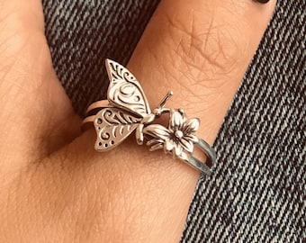 Butterfly Floral ring//Handmade jewelry//Sterling silver//Custom silver ring//Modern dainty anniversary //men women//Gift for her him