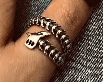 Handmade Sterling Silver Skull Centipede Ring: Gothic Biker Jewelry