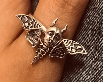 Demonic moth Set of 2 Sterling Silver Stacking Rings //Stackable Ring Sets//Stacking Rings//Punk Gothic//Oxidized Jewelry//Gift for him her