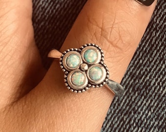 Sterling Silver Clover Opal Ring - Handmade Dainty Anniversary Gift