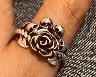 Handmade Sterling Silver Skull Ring: Gothic Floral Biker Jewelry