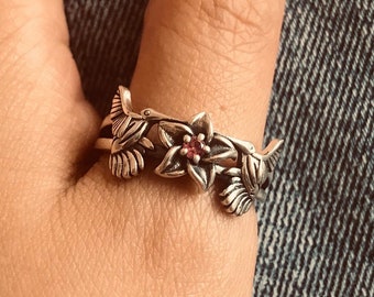 Handmade Sterling Silver Hummingbird Ring: Dainty Floral Jewelry