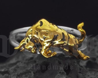 Handmade Bull Ring: Sterling Silver, Gold-Plated Animal Jewelry