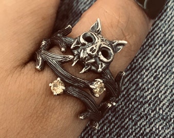 Bats on Branches Ring Set /2 in 1 ring /925 sterling silver ring /2 pcs Silver ring set /Handmade /Punk Gothic Boho Rings /Gift for him her