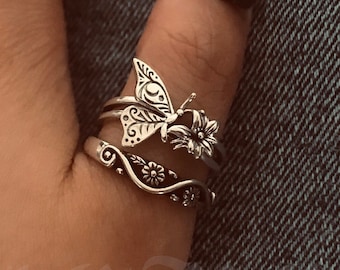 Flowers and Butterfly Ring Set /2 in 1 ring /925 sterling silver ring /2 pcs Silver ring set /Handmade /Punk Boho Rings /Gift for him her