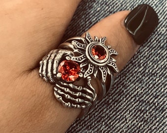 Sun and Skeleton Hand Sterling Silver Ring Set: Punk Gothic Boho