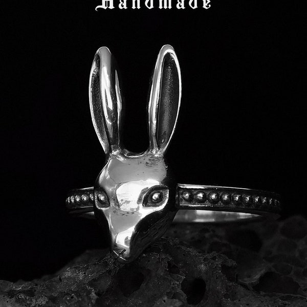 Rabbit ring// Sterling silver// Handmade solid S925//Unique punk gothic goth biker mens// Animal ring// Oxidized jewelry //Gift