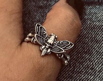 Skeleton Moth Ring//Sterling silver//Handmade solid S925//Unique punk gothic goth biker mens//vintage Ring/Memorial jewelry/Gift for her him