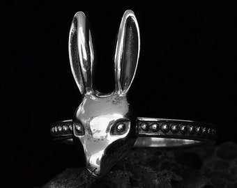 Handmade Sterling Silver Rabbit Ring: Punk Goth Biker Jewelry