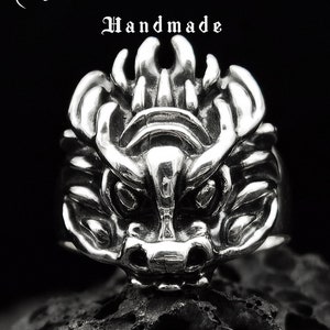 Kirin Sterling silver ring handmade solid medieval 925 unique unisex men women punk gothic goth biker mens oxidized jewelry gift her him